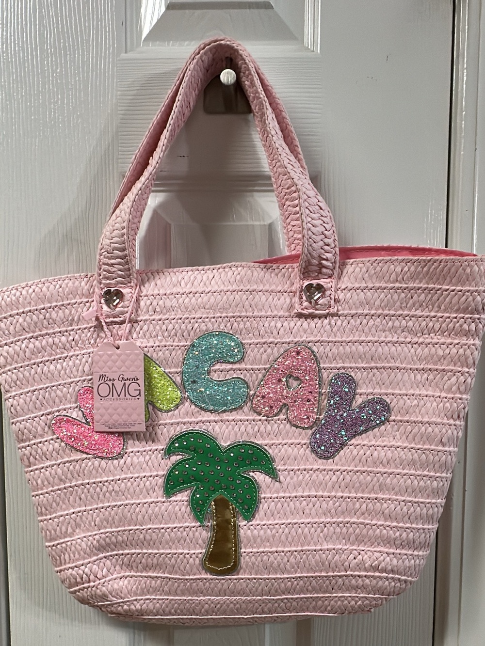 Miss Gwen’s OMG Pink Glitter 'VACAY' raffia Tote. (Bags22)